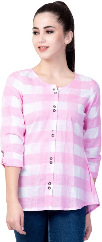 GOD BLESS Casual Roll-up Sleeve Checkered Women Pink Top