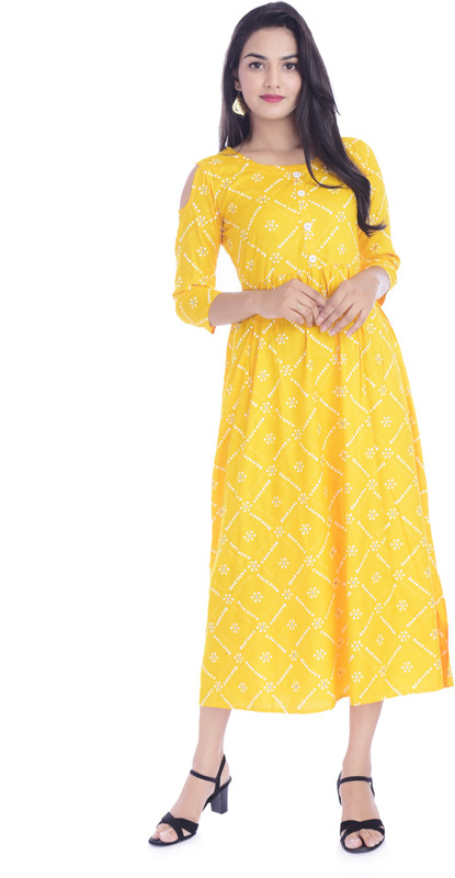 HANUMNTRA Women Printed A-line Kurta(Yellow) HANUMNTRA Women Printed A-line Kurta(Yellow)