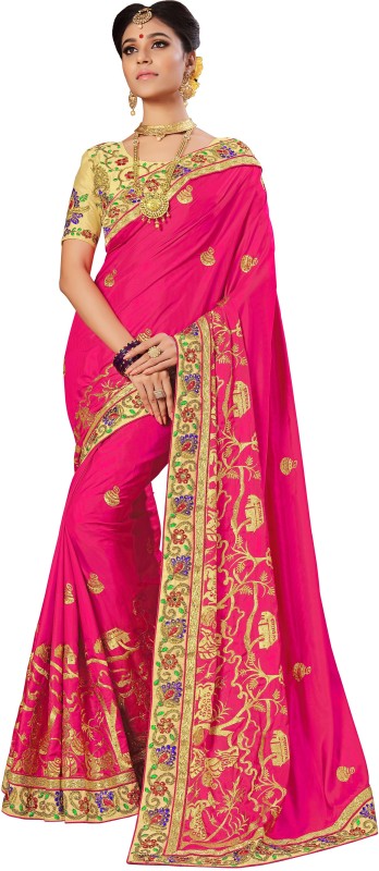 Nivah Fashion Embroidered Bollywood Poly Silk Saree(Pink, Beige)