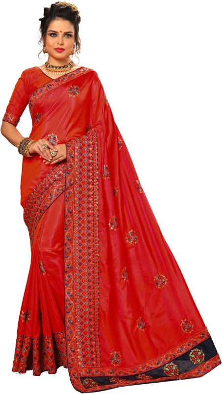 Nivah Fashion Embroidered Bollywood Satin Blend Saree(Red)