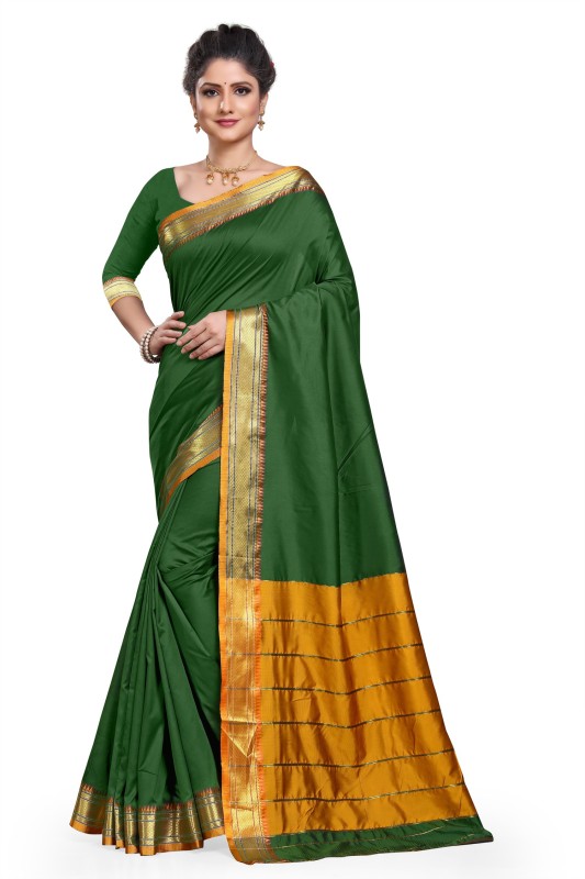The Fashion Outlets Woven, Solid Mysore Tussar Silk, Crepe Saree(Green, Mustard)