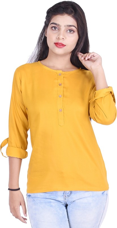 KURTI WORLD Casual Roll-up Sleeve Solid Women Yellow Top