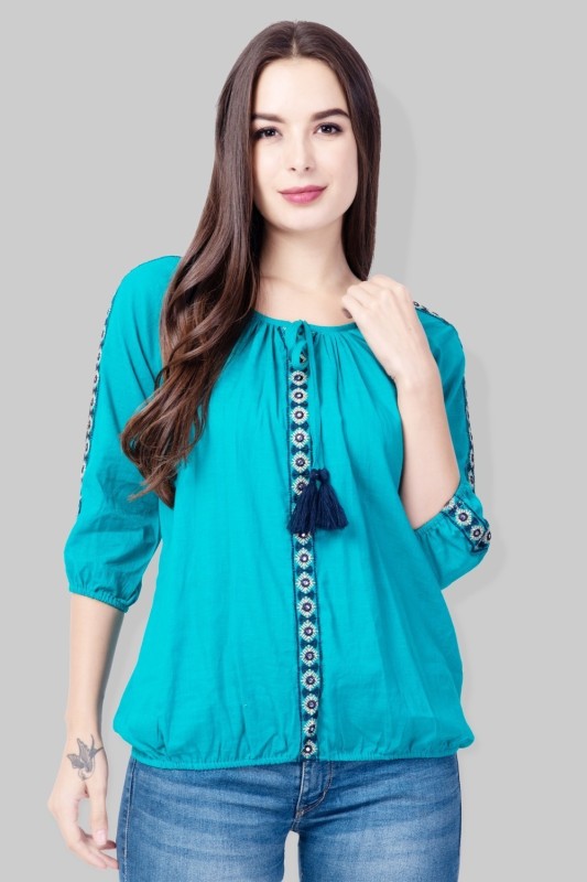 AANIA Casual 3/4 Sleeve Embroidered Women Light Blue Top