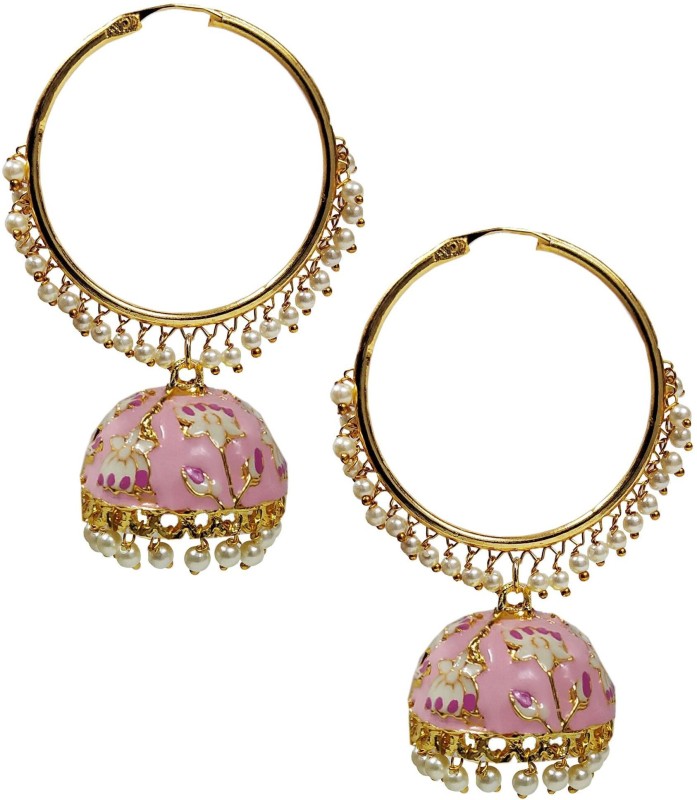 Passion Bazaar Earring Pink Hoop Meenakari Enamel White Pearl Beads Hoop Jhumka...