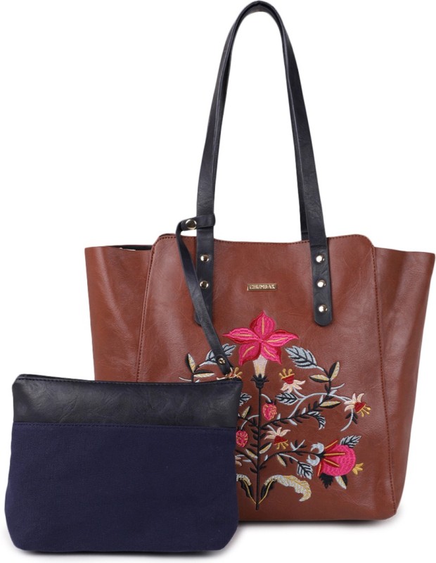 Chumbak Floral Embroidered Brown Tote Bag with Zip Pouch Shoulder Bag(Brown, 15...