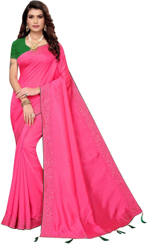 MISILY Embellished, Solid Fashion Silk Blend Saree(Green, Pink)