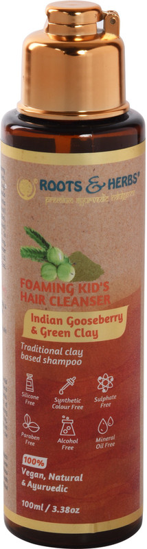 Roots & Herbs Ayurvedic Natural Treatment 100% Vegan No Paraben Foaming Kid's Hair Cleanser Shampoo (Indian Gooseberry & Green Clay)(100 ml)