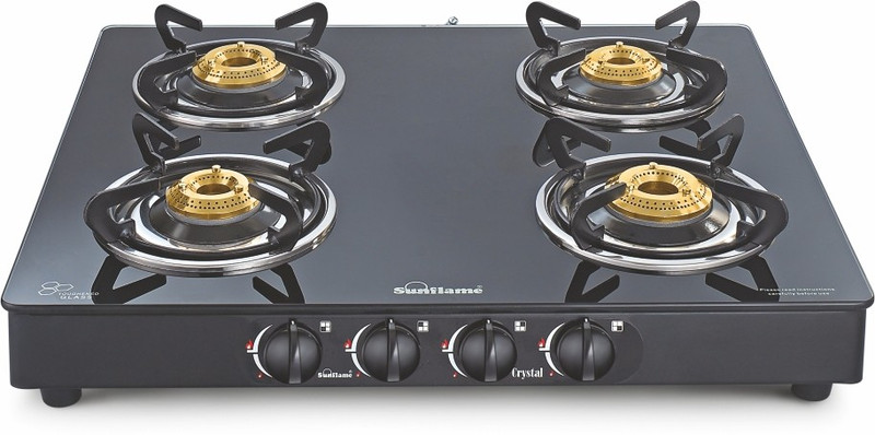 Sunflame CRYSTAL 4B BK Glass Manual Gas Stove