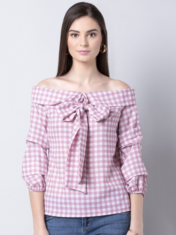 FabAlley Casual 3/4 Sleeve Checkered Women Pink Top