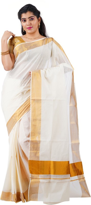 Rsv fabrics Solid Kasavu Pure Cotton Saree(White)