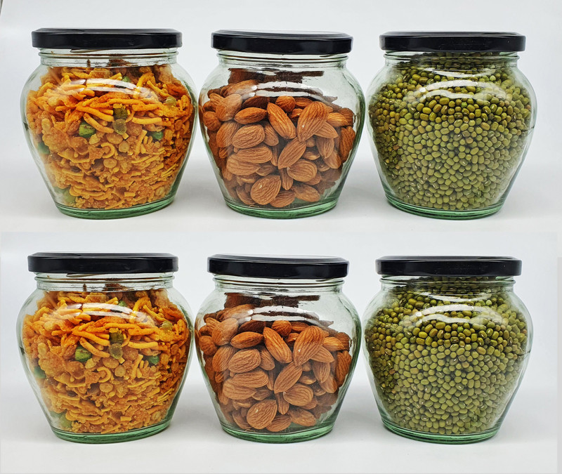 Avora Glass Grocery Container  - 350 ml(Pack of 6, Clear, Black)
