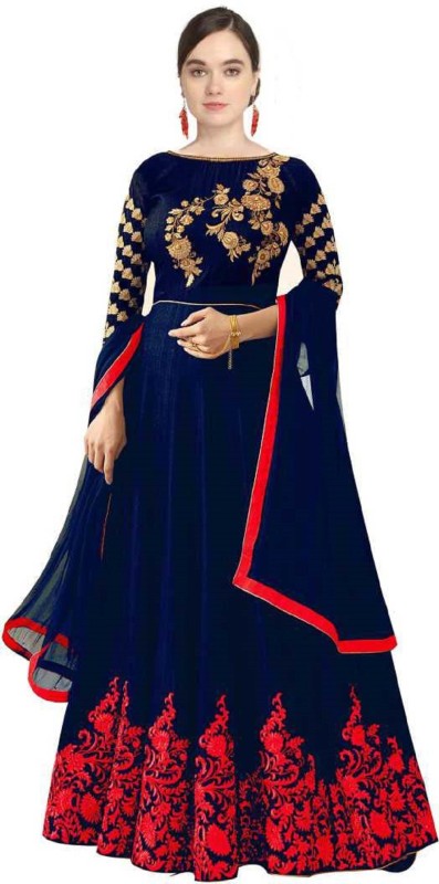 Mohnish Fashion Satin Embroidered Gown/Anarkali Kurta & Bottom Material(Semi Stitched)
