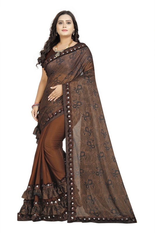 Ejoty Fashion Floral Print Bollywood Lycra Blend Saree(Brown)