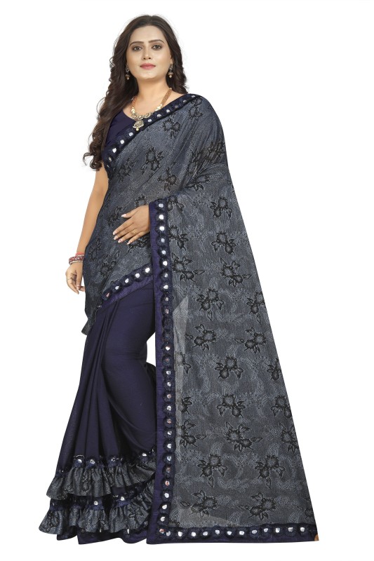 Ejoty Fashion Floral Print Bollywood Lycra Blend Saree(Dark Blue)