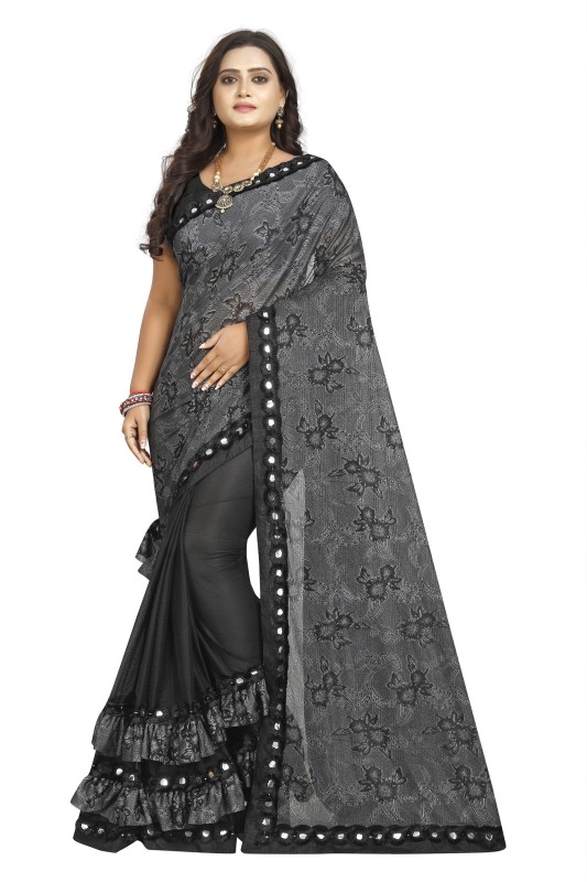 Ejoty Fashion Floral Print Bollywood Lycra Blend Saree(Black)