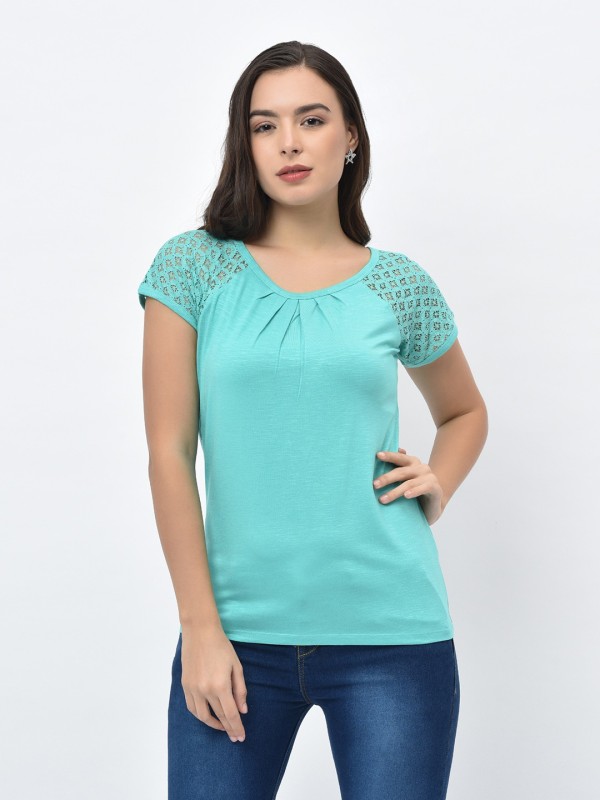 V2 Retail Limited Casual Half Sleeve Solid Women Green Top