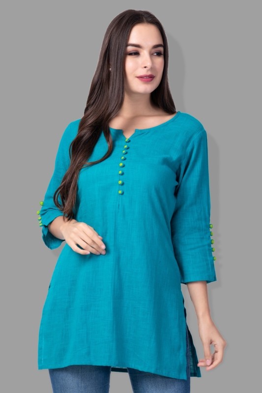 AANIA Party 3/4 Sleeve Solid Women Light Blue Top