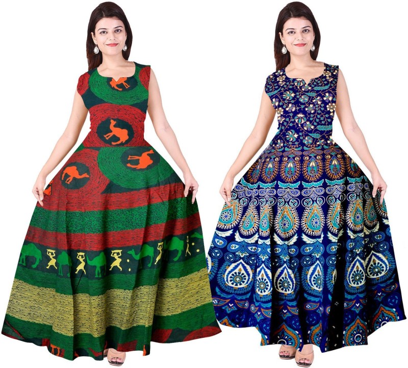 Khushi Print Women Maxi Blue, Green Dress
