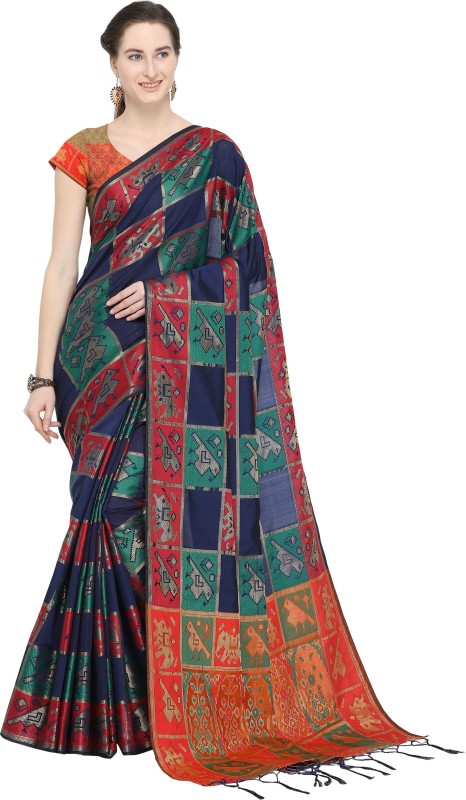Madhumeena Woven Banarasi Silk Blend Saree(Red, Blue)