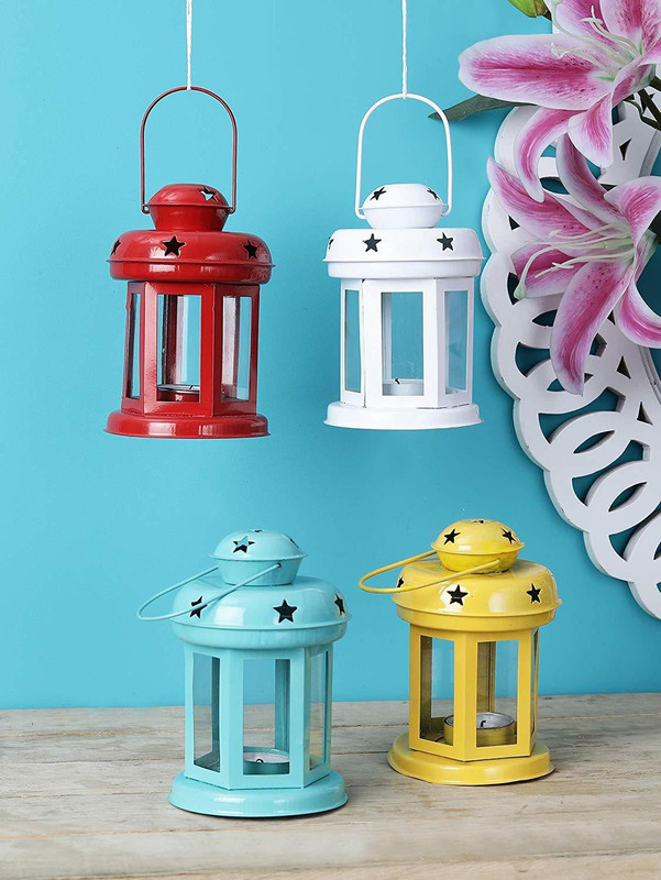 Being Nawab Yellow, Blue Iron Hanging Lantern(15 cm X 10 cm, Pack of 2)