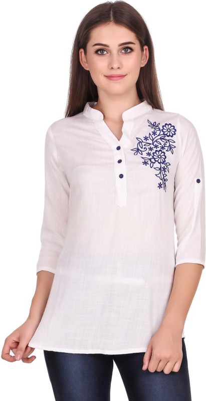 Elyraa Casual 3/4 Sleeve Embroidered Women White Top