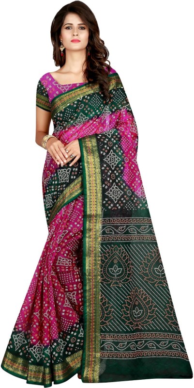 Grubstaker Printed Bandhej Art Silk Saree(Green, Pink)