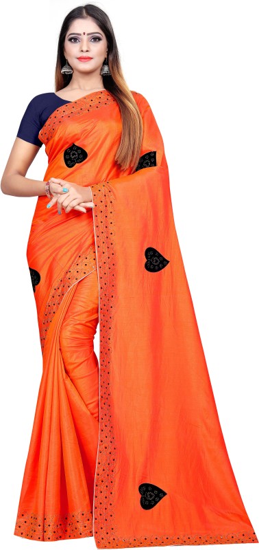 KANJIVARAM STYLE Embellished, Solid Bollywood Silk Blend Saree(Orange)