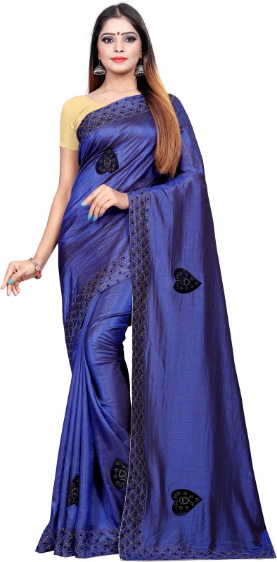 KANJIVARAM STYLE Embellished, Solid Bollywood Silk Blend Saree(Dark Blue)