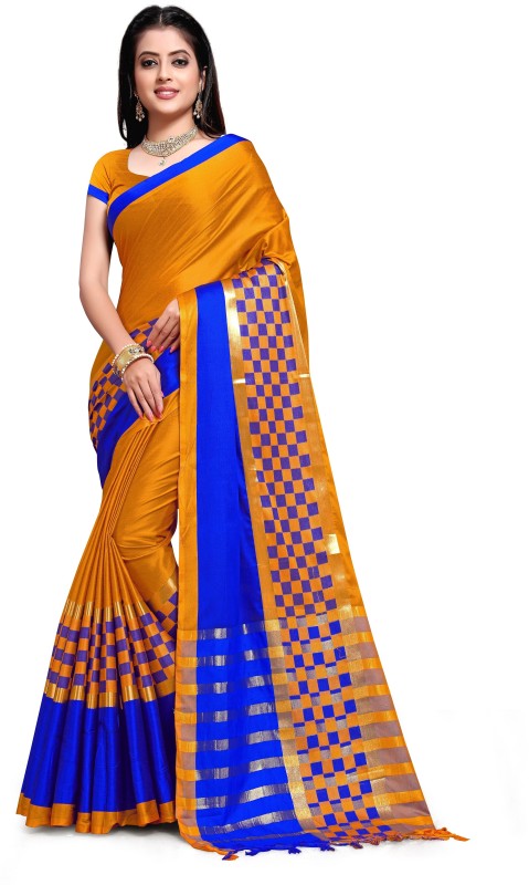 Aadyaa creation Printed Banarasi Art Silk Saree (Gold, Blue)