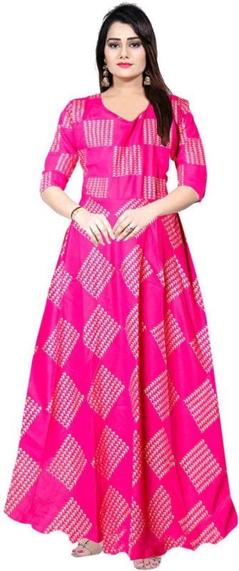 Trendy Fab Women Printed Flared Kurta(Pink)
