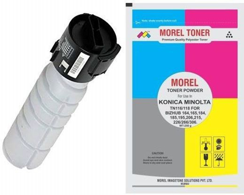 MOREL COMPATIBLE TONER CARTRIDGE FOR USE IN KONICA MINOLTA BIZHUB 164 / 184 / 185 / 195 / 206 / 215 / 226 / TN116 / TN118 PHOTOCOPIER WITH 1 REFILL POUCH. Black Ink Toner