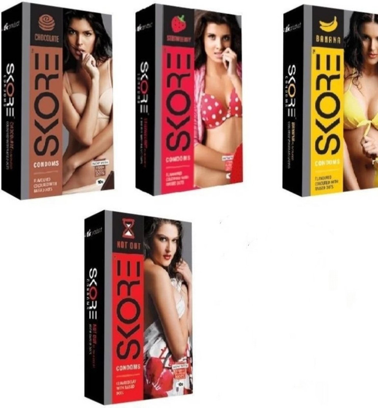 SKORE skor 4 different types of combo chocolate, strawberry ,banana,orange(set4) Condom(Set of 4, 40 Sheets)