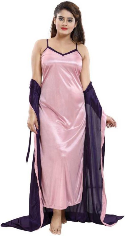Classic Art Women Nighty with Robe(Pink, Purple)