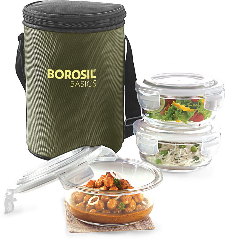 Borosil Basics Basics Lunch Box with Bag, 3 Pc (400 ml x 3), Round Office Tiffin 3 Containers Glass Office Lunch Box(1200 ml)