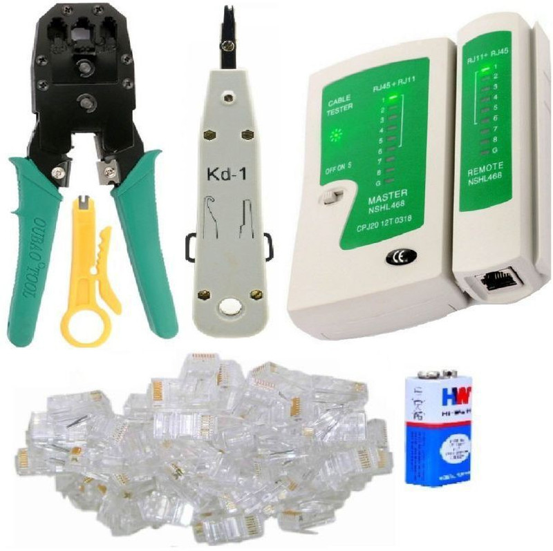 Inditrust 55pc Combo Crimping Stripping Tool Kit with 3 in 1 Rj45 Rj11 Crimping Tool Oubao 4P 6P 8P Manual Crimper Modular Crimping Tool + Network Cable Cutter Wire Stripper + Networking LAN Cable Tester RJ45 / RJ11 / RJ12 / Cat5 + 6F22 9 Volt Battery + Krone Tool KD-1 Impact Punch Down Tool Push Te