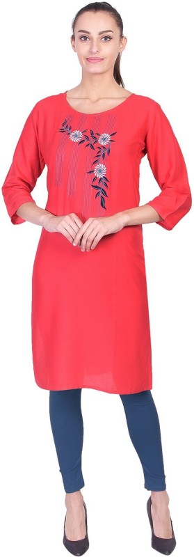 ANAND TRADING CO. Women Embroidered Straight Kurta(Red)