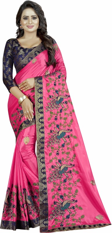 Shreeji Designer Embroidered Fashion Art Silk Saree(Pink)