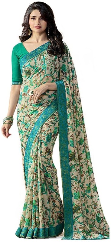 Ridhamik Fashion Printed Daily Wear Georgette Chiffon Blend Saree(Beige, Light Green)