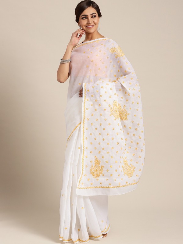 Ada Embroidered Lucknow Chikankari Handloom Cotton Blend Saree(White)