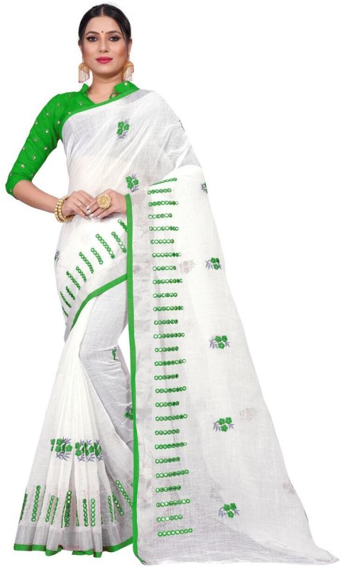 WinsWorld Embroidered Bollywood Linen Blend Saree(White)