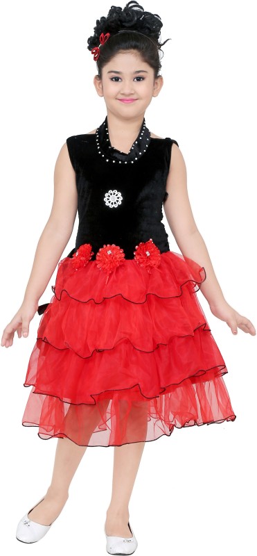 stylokids Girls Midi/Knee Length Party Dress(Red, Sleeveless)