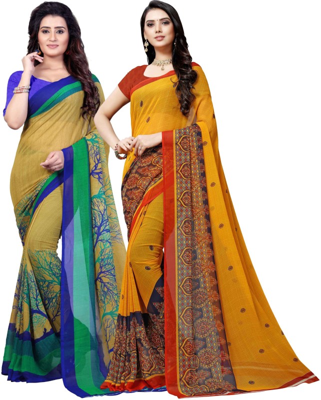 Anand Sarees Printed Daily Wear Georgette Saree(Pack of 2, Yellow)