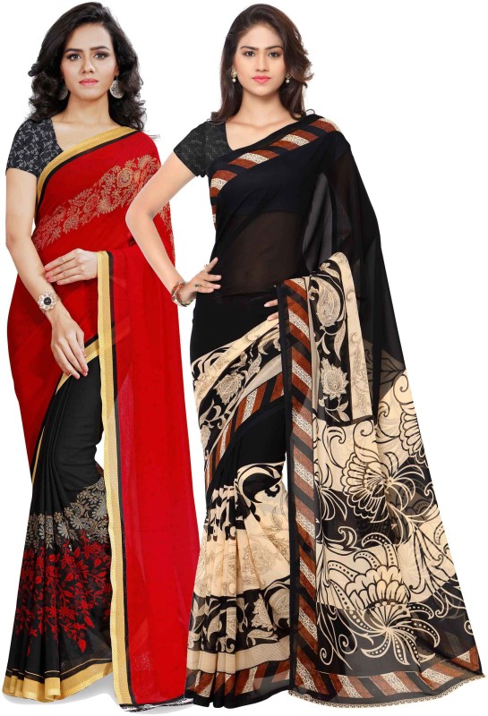Anand Sarees Floral Print Daily Wear Georgette Saree(Pack of 2, Red, Black)