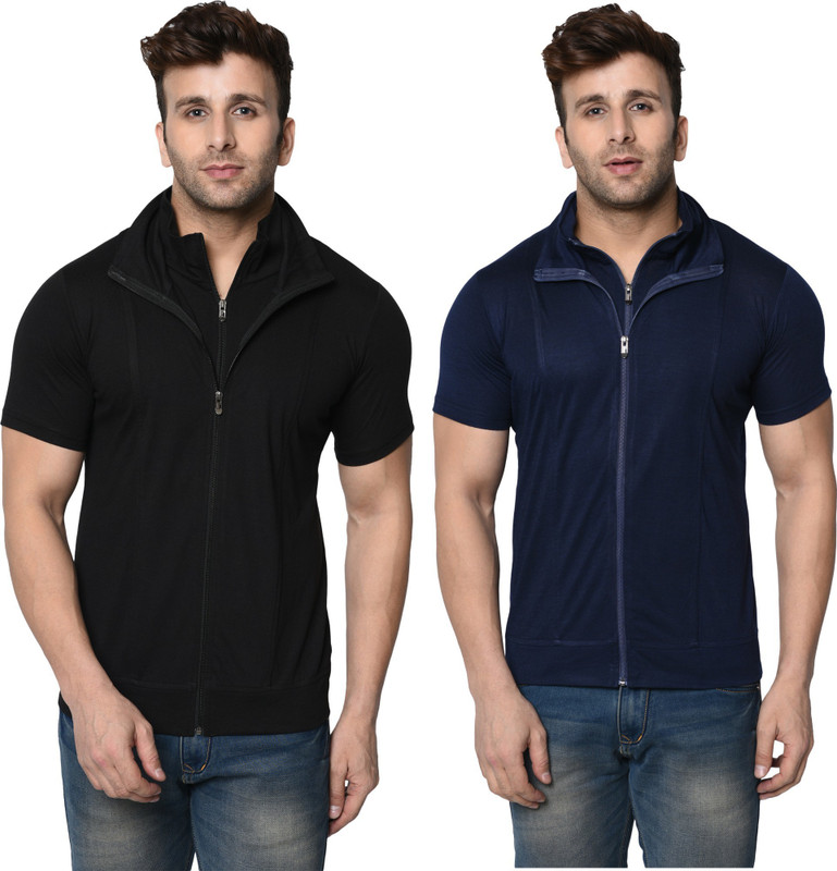 Jangoboy Self Design, Solid Men High Neck Dark Blue, Black T-Shirt Jangoboy Self Design, Solid Men High Neck Dark Blue, Black T-Shirt