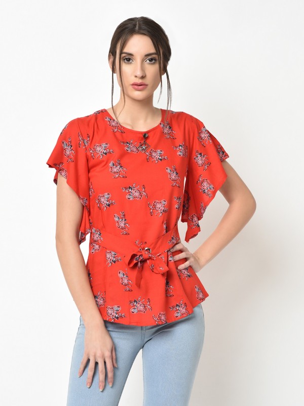 V2 Retail Limited Casual Half Sleeve Floral Print Women Red Top