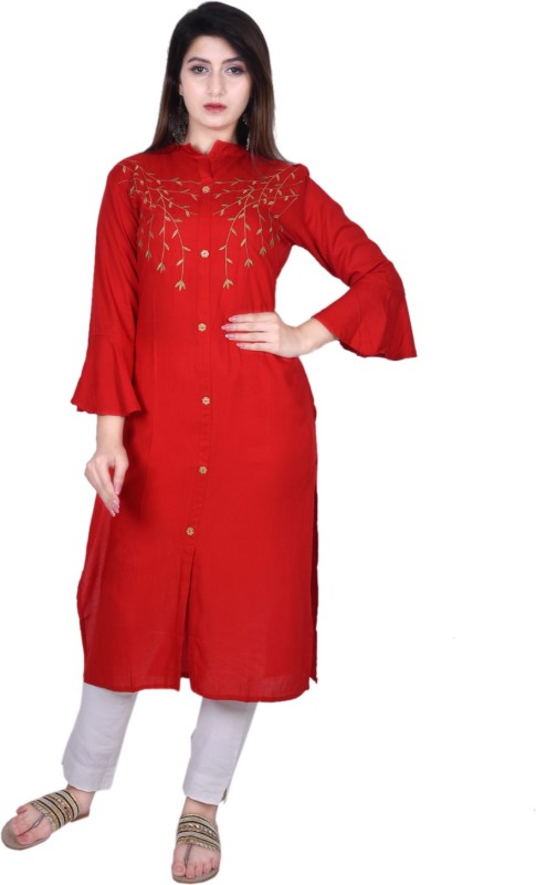 Anvi Fashion Women Embroidered Straight Kurta(Red)