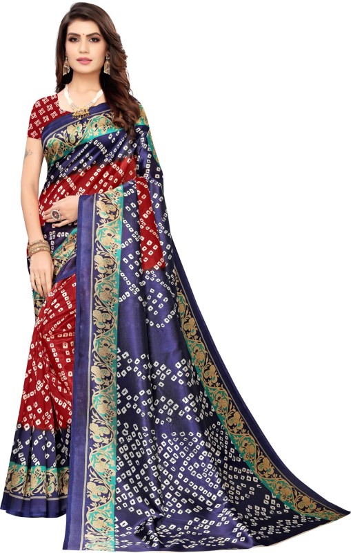 Saara Printed, Geometric Print Bandhani Poly Silk, Cotton Silk Saree(Dark Blue, Maroon)