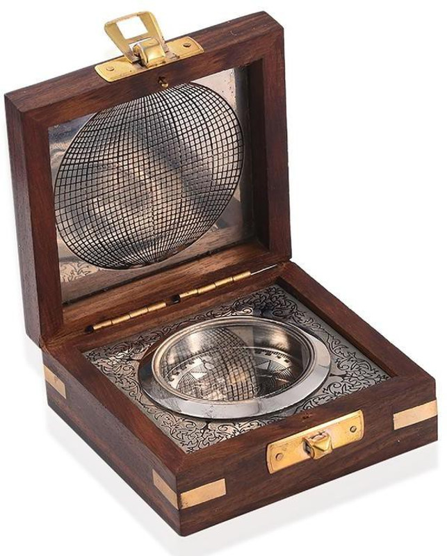 Shoptreed World Of Vintage Antique Silver Finish Brass Pocket Compass in Wooden Box Compass(Multicolor)