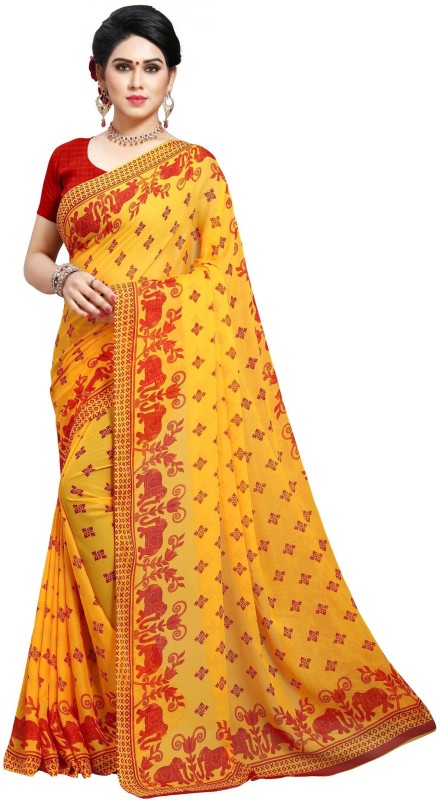Anand Sarees Paisley, Animal Print Daily Wear Georgette Saree(Yellow)