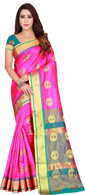 Leeza Store Woven, Floral Print Kanjivaram Art Silk Saree(Pink)